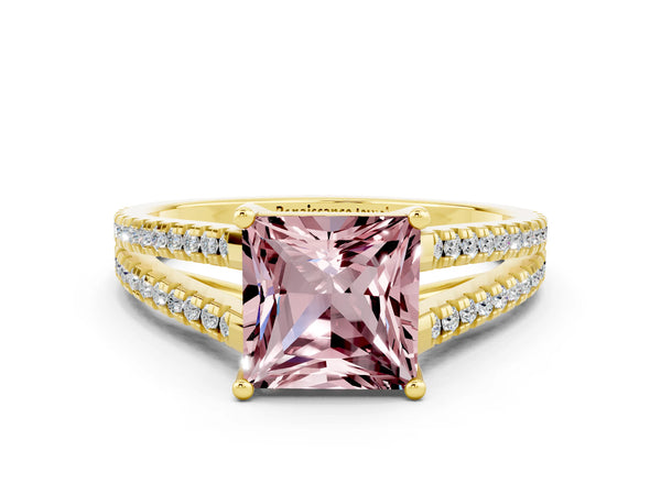 Yellow gold Princess Cut Morganite Solitaire Engagement Ring with Split Shank Pavé Band