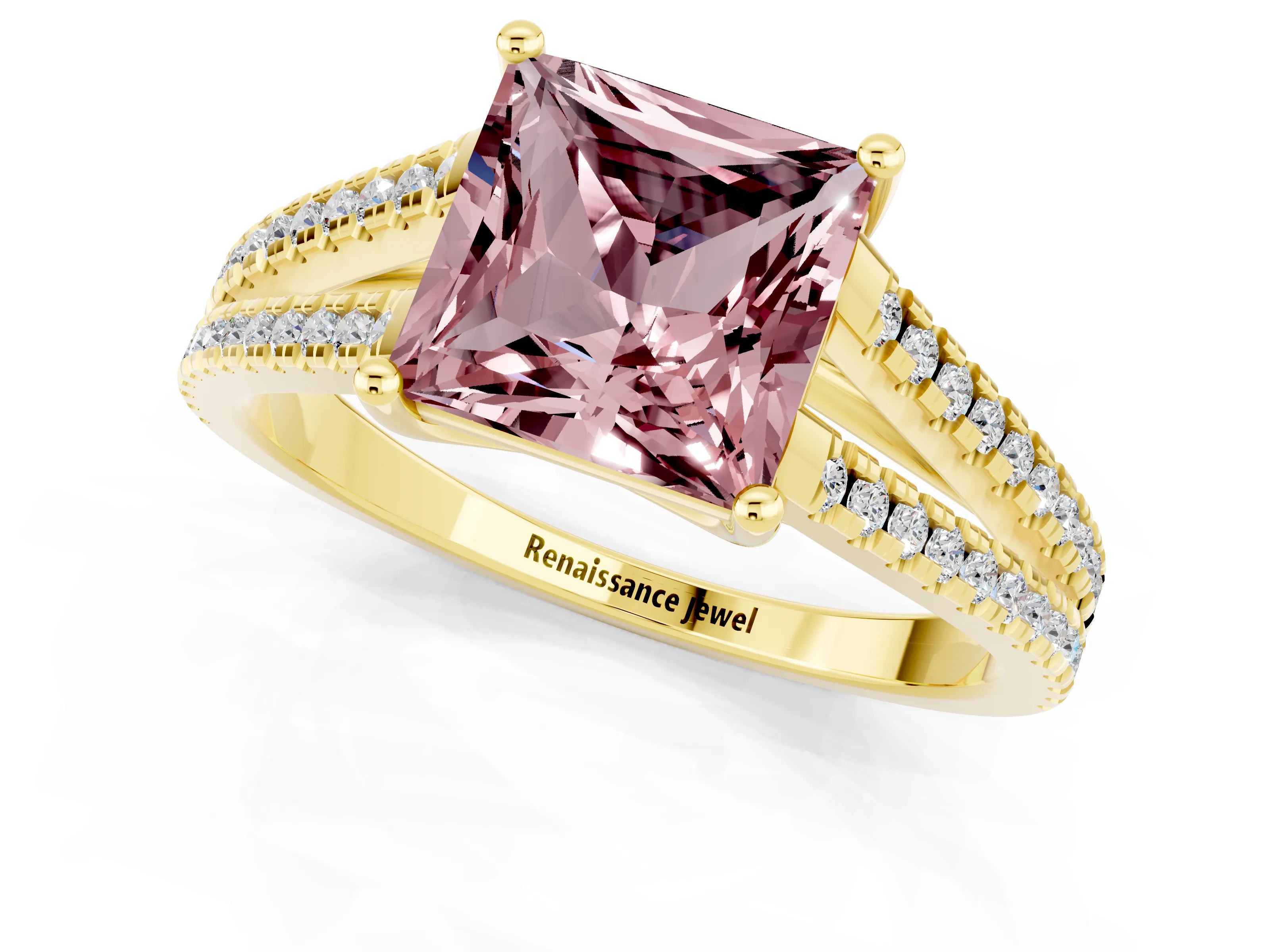 Yellow gold Princess Cut Morganite Solitaire Engagement Ring with Split Shank Pavé Band_1