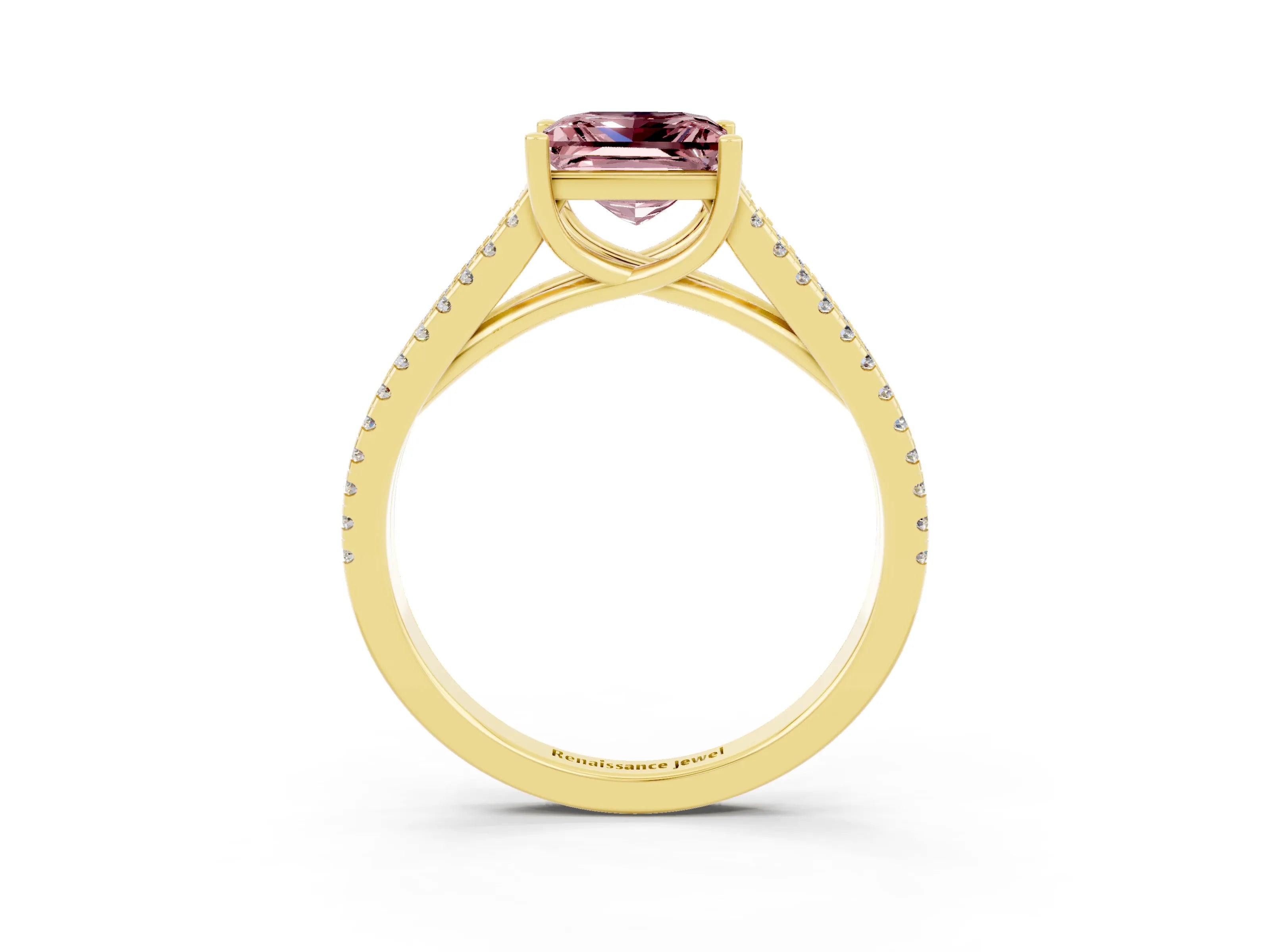 Yellow gold Princess Cut Morganite Solitaire Engagement Ring with Split Shank Pavé Band_3
