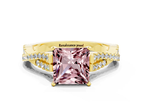 Yellow gold Princess Cut Morganite Solitaire Engagement Ring with Twisted Pavé Band and Four-Prong Setting_12