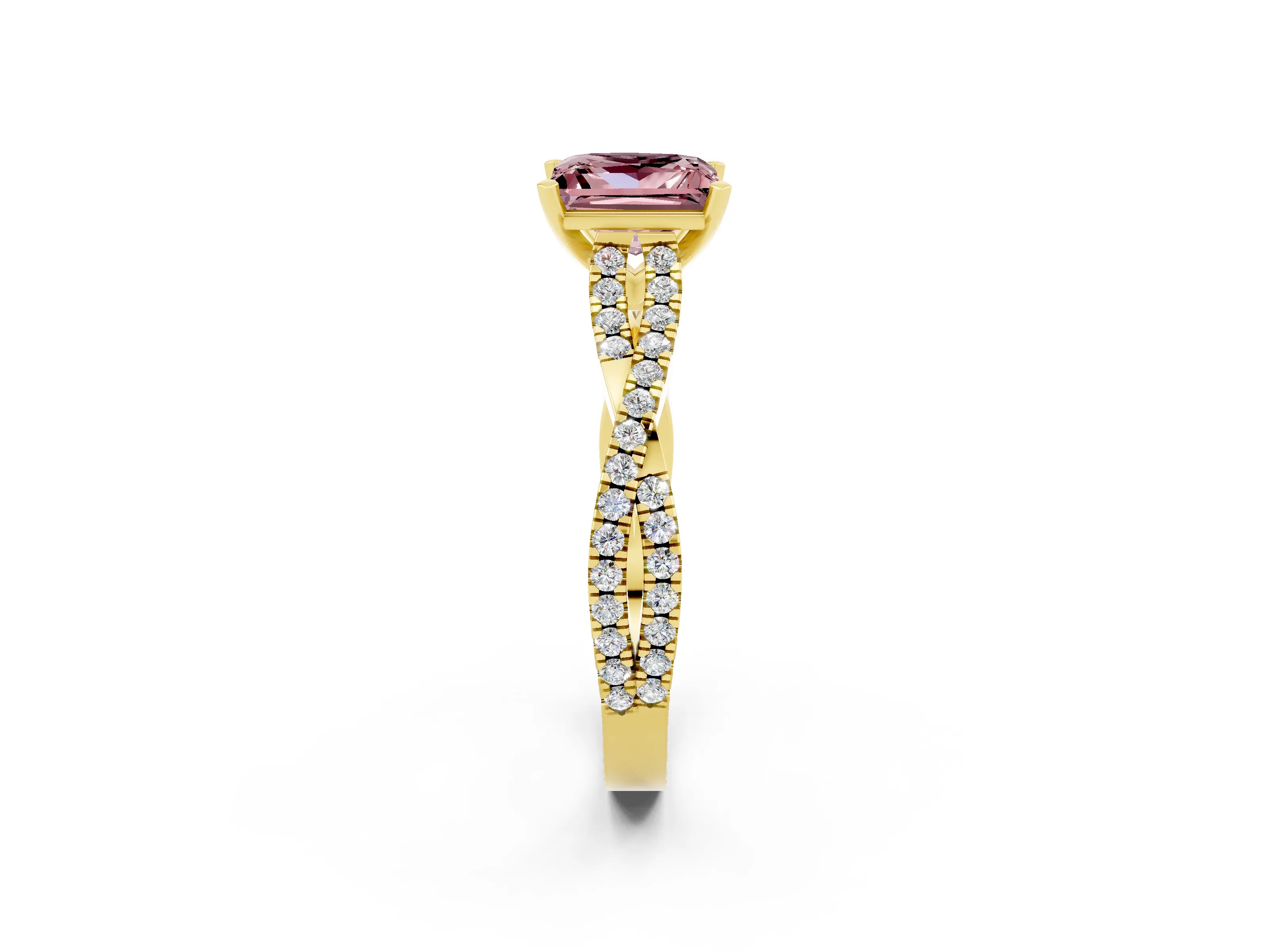 Yellow gold Princess Cut Morganite Solitaire Engagement Ring with Twisted Pavé Band and Four-Prong Setting_14