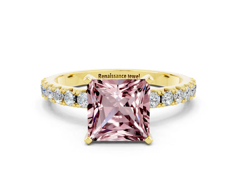 Yellow gold Princess Cut Morganite Solitaire Pavé Band with Four-Prong Setting