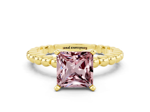 Yellow gold Princess Cut Morganite Solitaire Ring with Beaded Band and Prong Setting