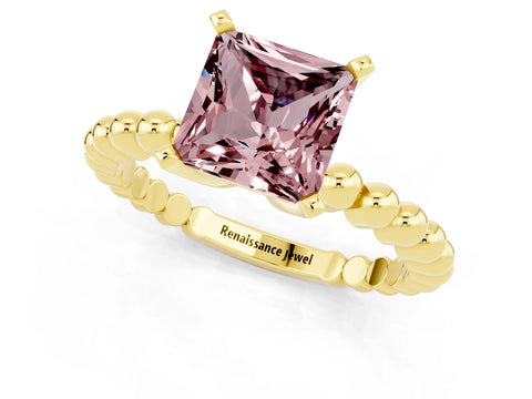 Yellow gold Princess Cut Morganite Solitaire Ring with Beaded Band and Prong Setting_1