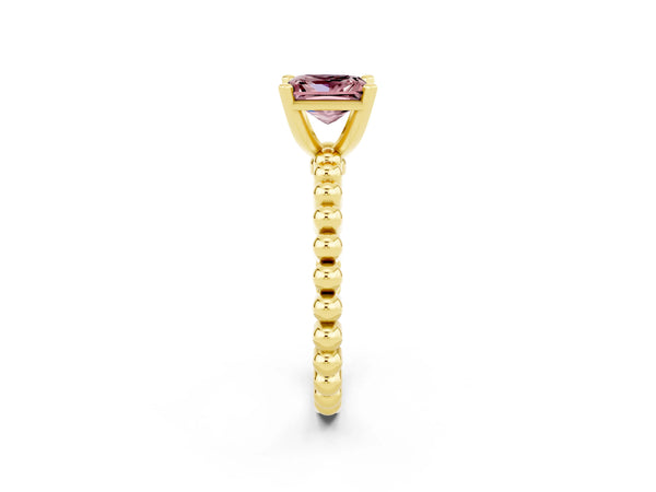 Yellow gold Princess Cut Morganite Solitaire Ring with Beaded Band and Prong Setting
