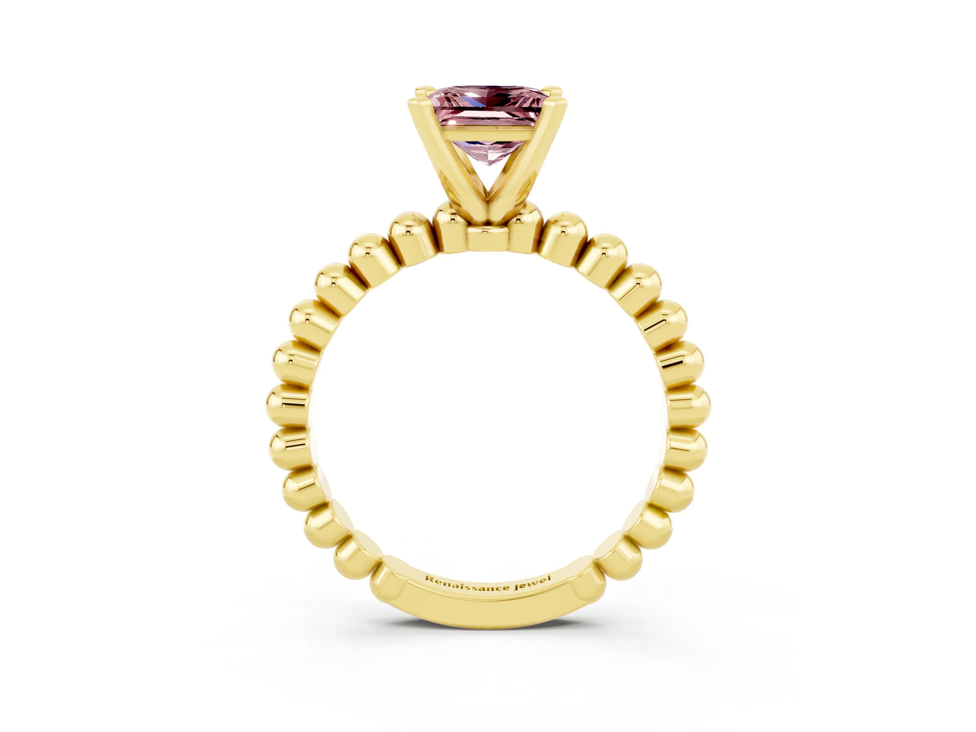 Yellow gold Princess Cut Morganite Solitaire Ring with Beaded Band and Prong Setting_3
