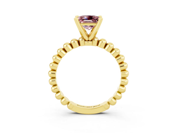 Yellow gold Princess Cut Morganite Solitaire Ring with Beaded Band and Prong Setting
