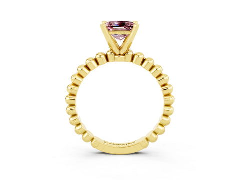 Yellow gold Princess Cut Morganite Solitaire Ring with Beaded Band and Prong Setting_3