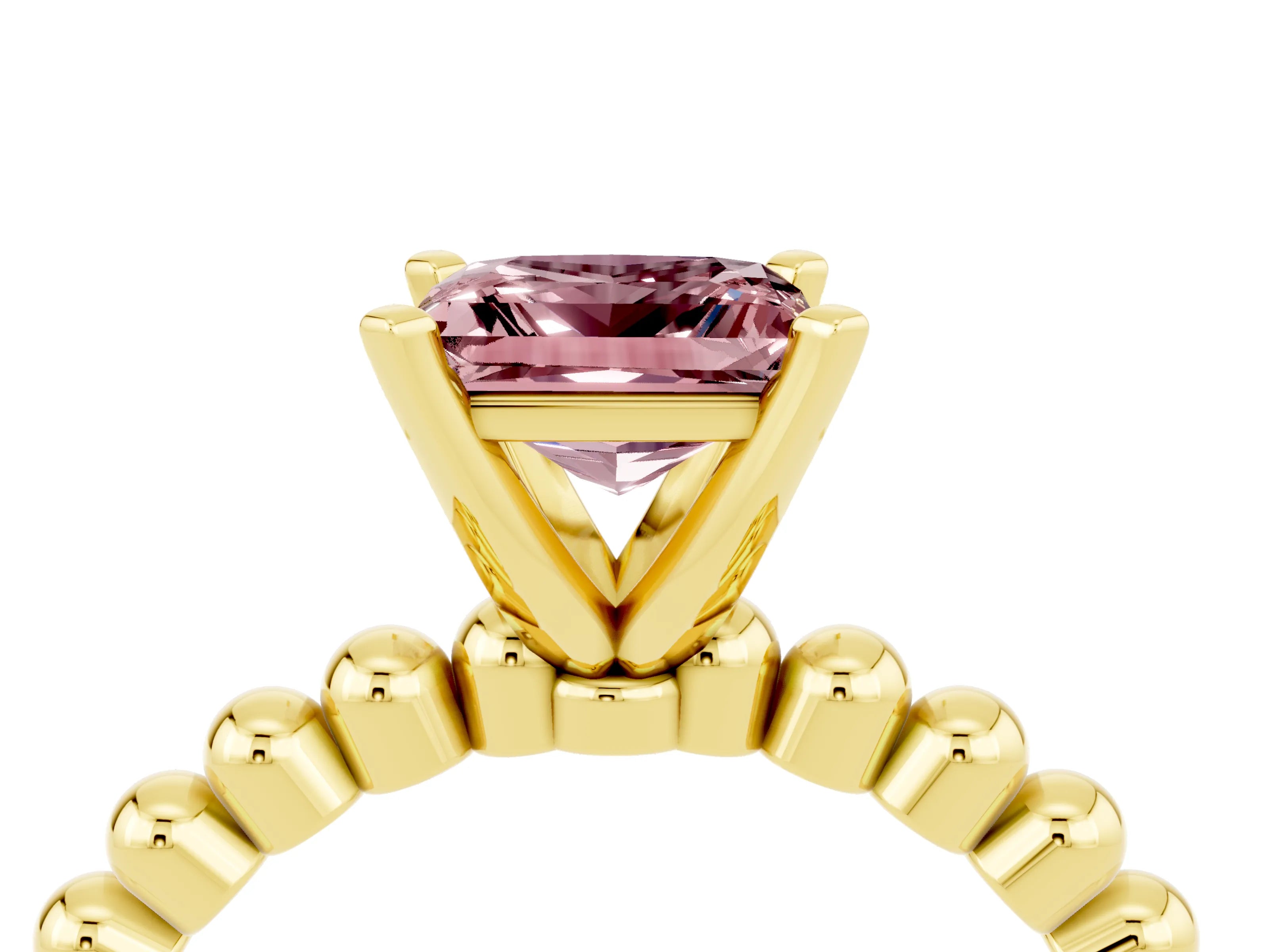 Yellow gold Princess Cut Morganite Solitaire Ring with Beaded Band and Prong Setting_4