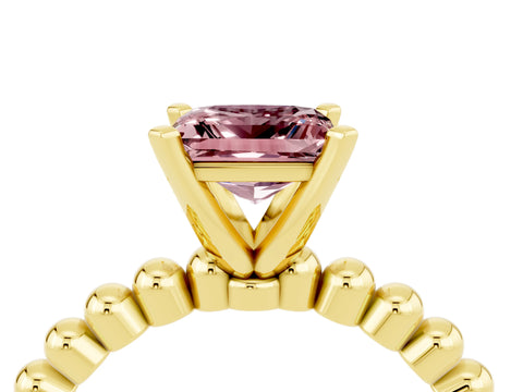 Yellow gold Princess Cut Morganite Solitaire Ring with Beaded Band and Prong Setting_4