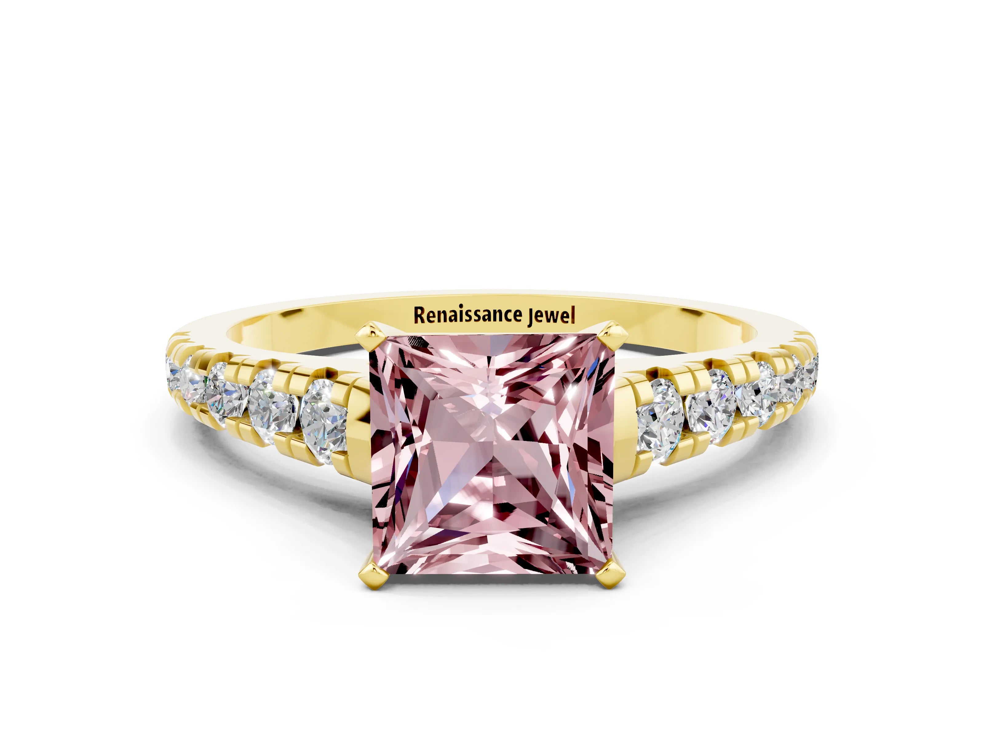 Yellow gold Princess Cut Morganite Solitaire Ring with Cathedral Setting and Pavé Band