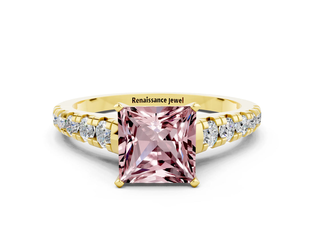 Yellow gold Princess Cut Morganite Solitaire Ring with Cathedral Setting and Pavé Band