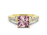 Yellow gold Princess Cut Morganite Solitaire Ring with Cathedral Setting and Pavé Band