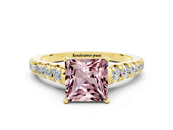 Yellow gold Princess Cut Morganite Cathedral Solitaire Ring with Round  Pavé Band