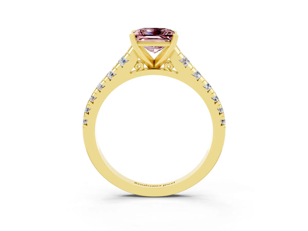 Yellow gold Princess Cut Morganite Cathedral Solitaire Ring with Round  Pavé Band