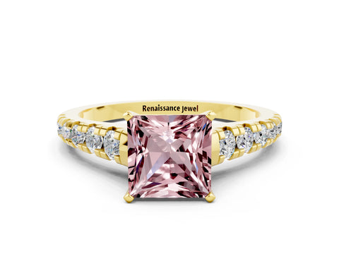 Yellow gold Princess Cut Morganite Solitaire Ring with Cathedral Setting and Pavé Band