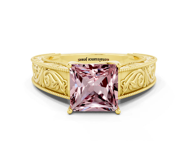 Yellow gold Princess Cut Morganite Solitaire Ring with Engraved Band and Four-Prong Setting
