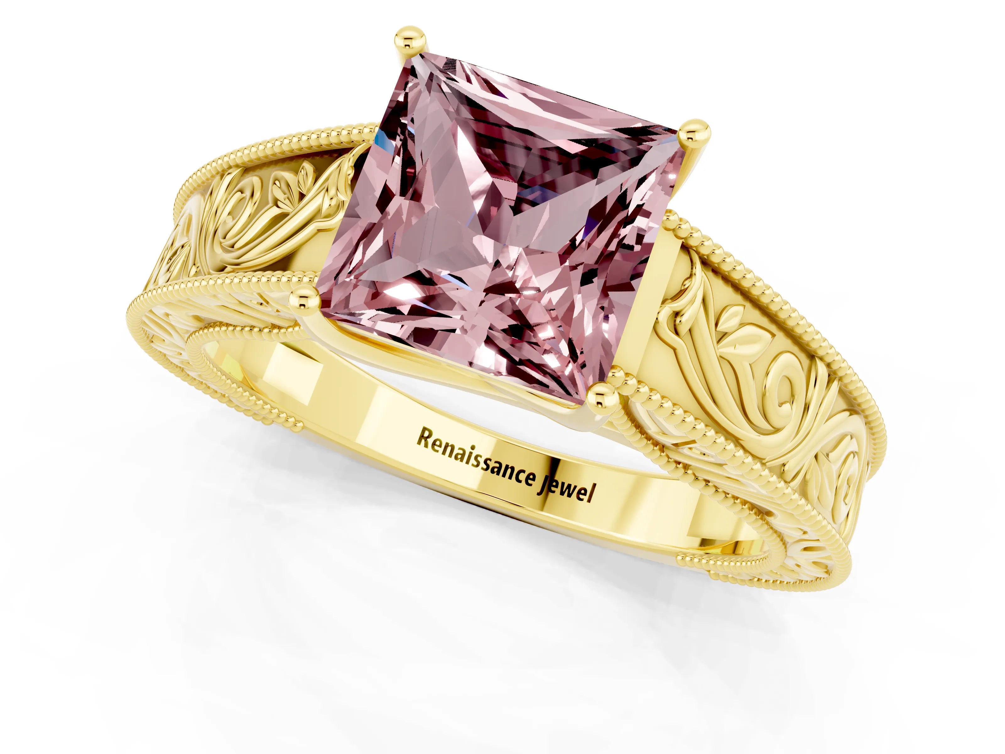 Yellow gold Princess Cut Morganite Solitaire Ring with Engraved Band and Four-Prong Setting_1