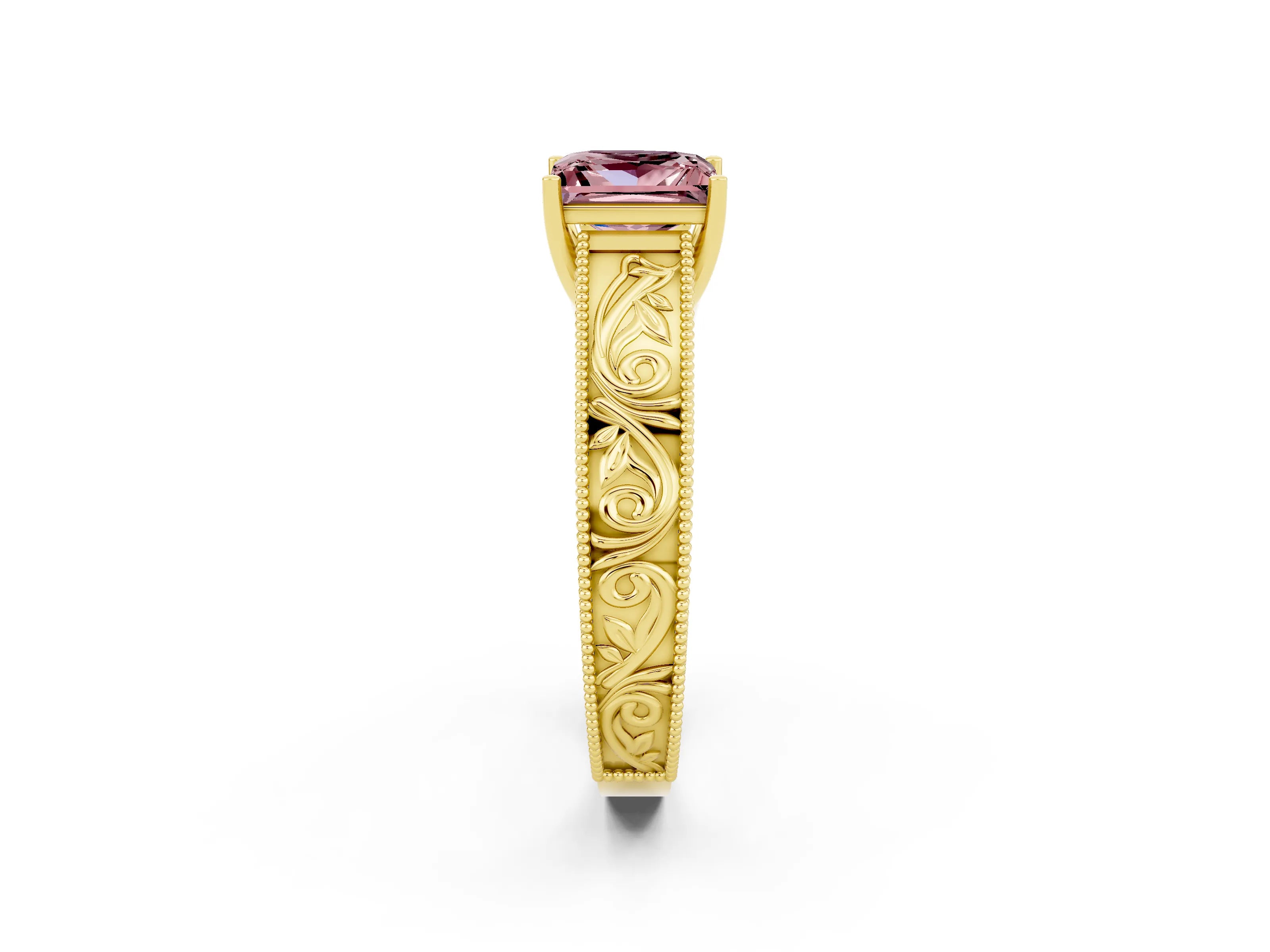 Yellow gold Princess Cut Morganite Solitaire Ring with Engraved Band and Four-Prong Setting_2