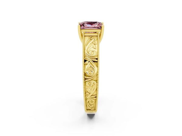 Yellow gold Princess Cut Morganite Solitaire Ring with Engraved Band and Four-Prong Setting