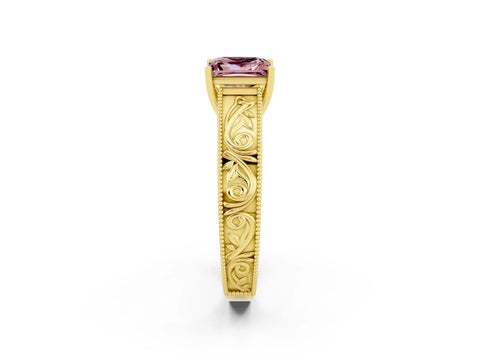 Yellow gold Princess Cut Morganite Solitaire Ring with Engraved Band and Four-Prong Setting_2