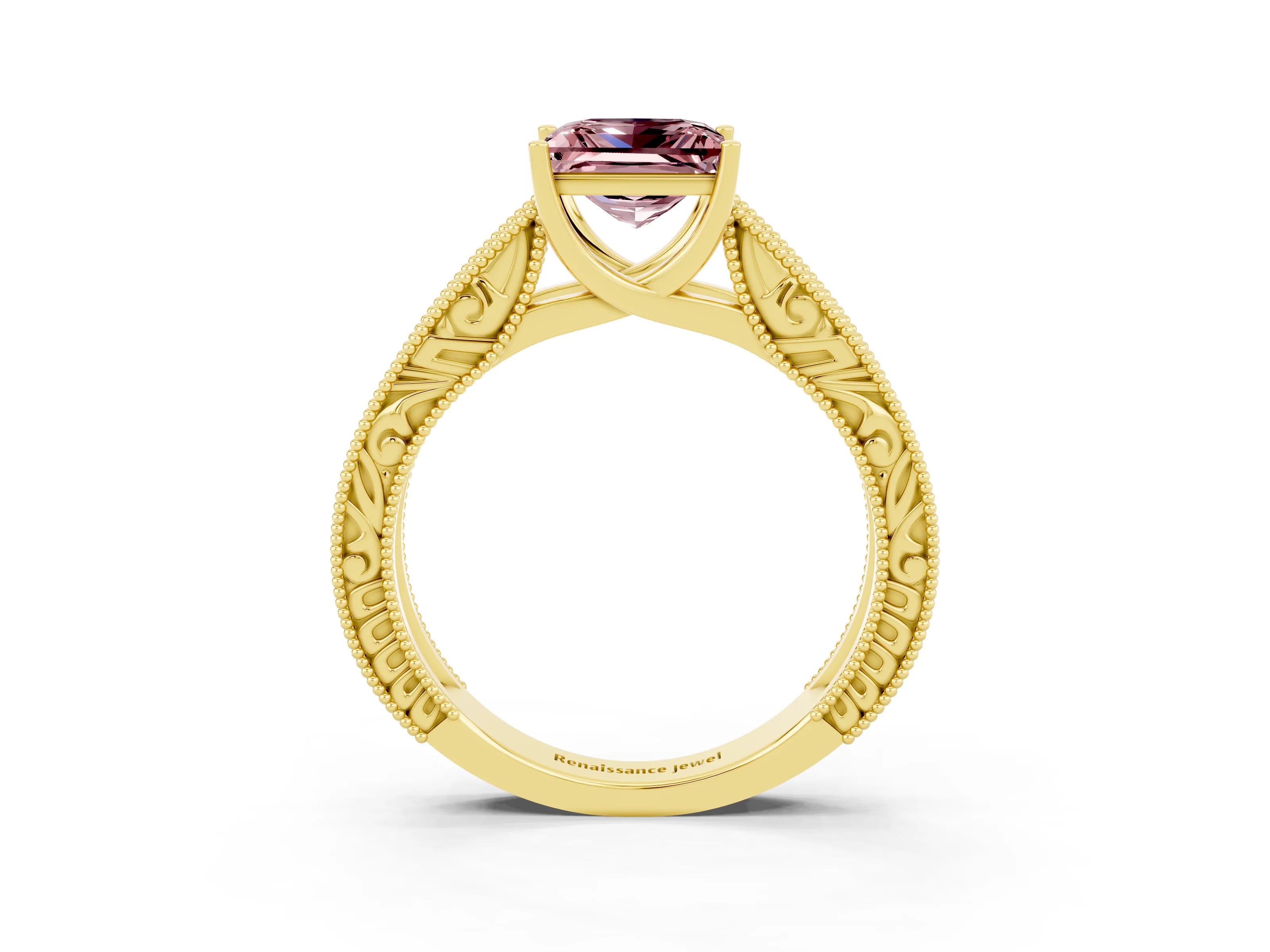 Yellow gold Princess Cut Morganite Solitaire Ring with Engraved Band and Four-Prong Setting_3