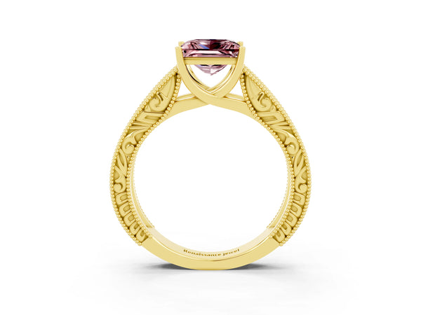 Yellow gold Princess Cut Morganite Solitaire Ring with Engraved Band and Four-Prong Setting