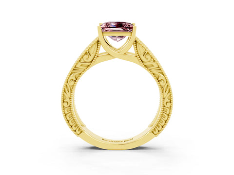 Yellow gold Princess Cut Morganite Solitaire Ring with Engraved Band and Four-Prong Setting_3
