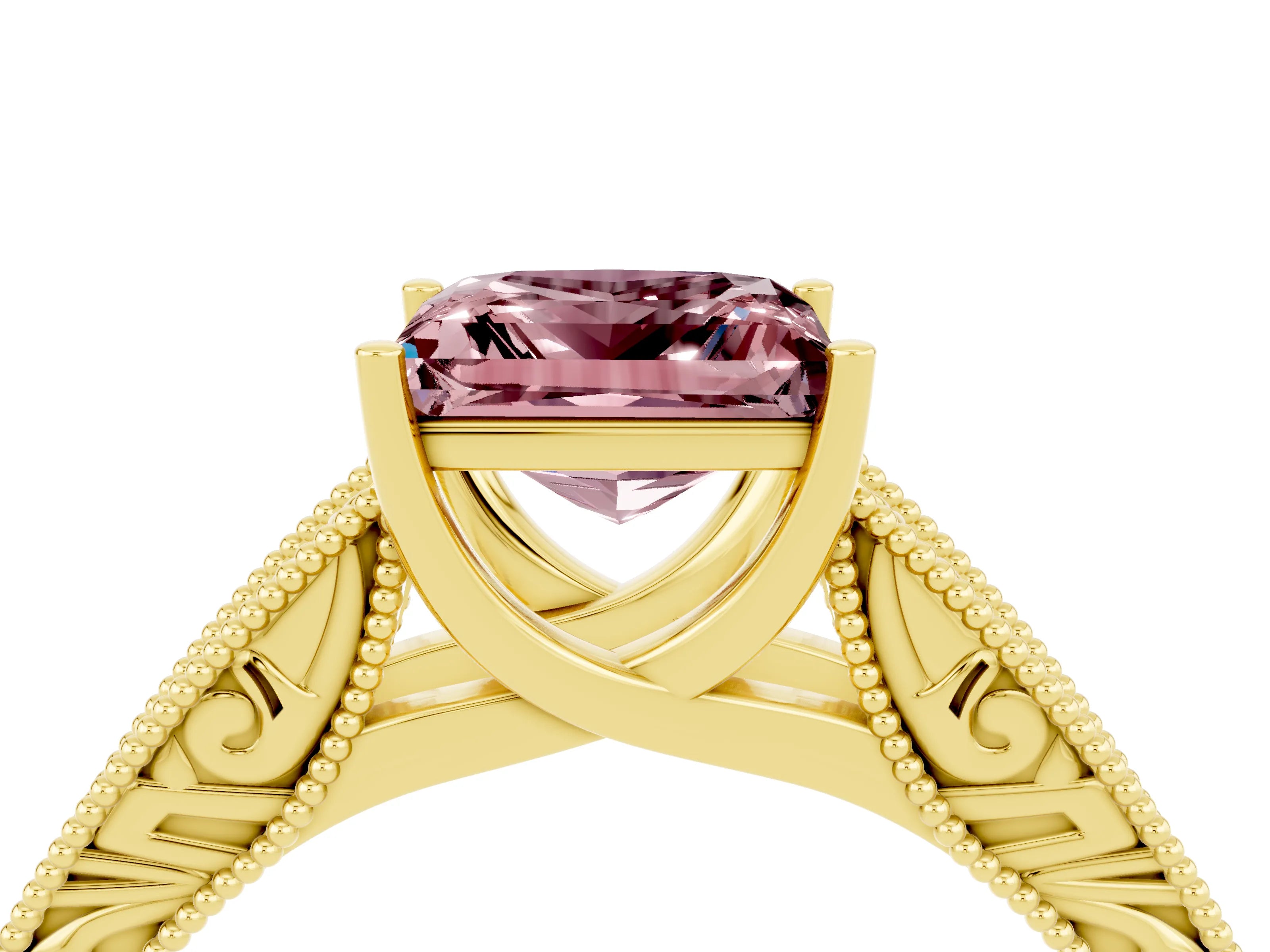 Yellow gold Princess Cut Morganite Solitaire Ring with Engraved Band and Four-Prong Setting_4