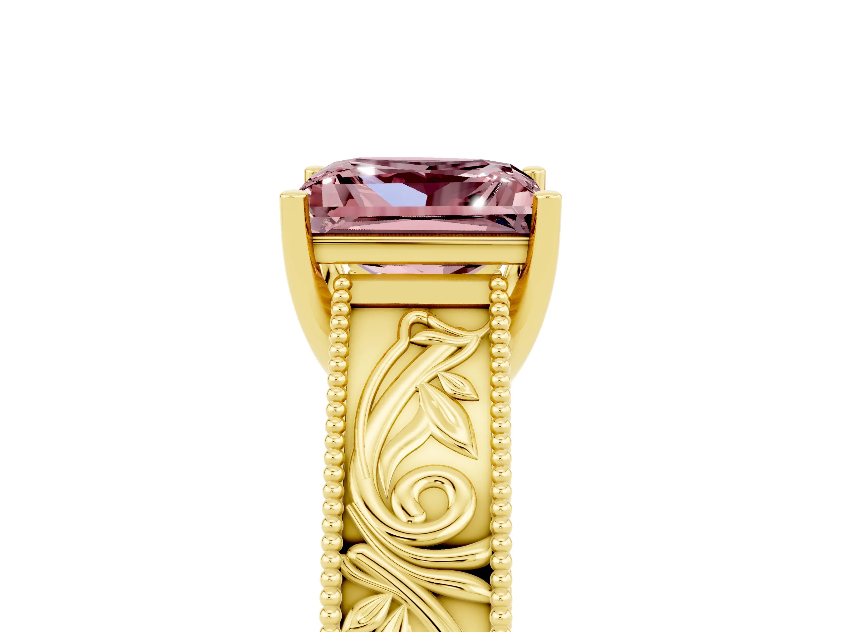 Yellow gold Princess Cut Morganite Solitaire Ring with Engraved Band and Four-Prong Setting_5