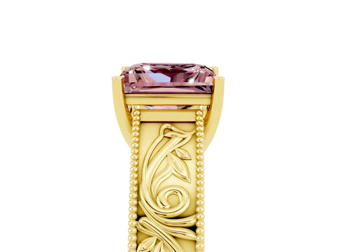 Yellow gold Princess Cut Morganite Solitaire Ring with Engraved Band and Four-Prong Setting_5
