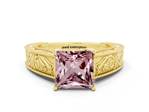 Yellow gold Princess Cut Morganite Solitaire Ring with Engraved Band and Four-Prong Setting