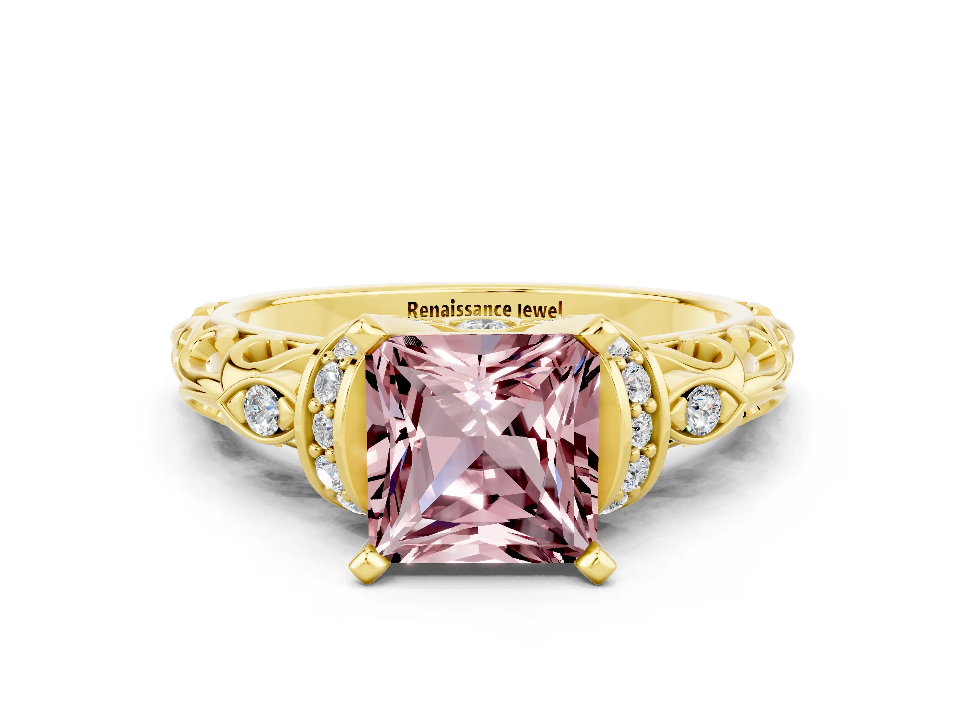 Yellow gold Princess Cut Morganite Solitaire Ring with Filigree Band and Four-Prong Setting_24