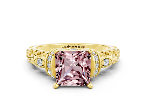 Yellow gold Princess Cut Morganite Solitaire Ring with Filigree Band and Four-Prong Setting_24