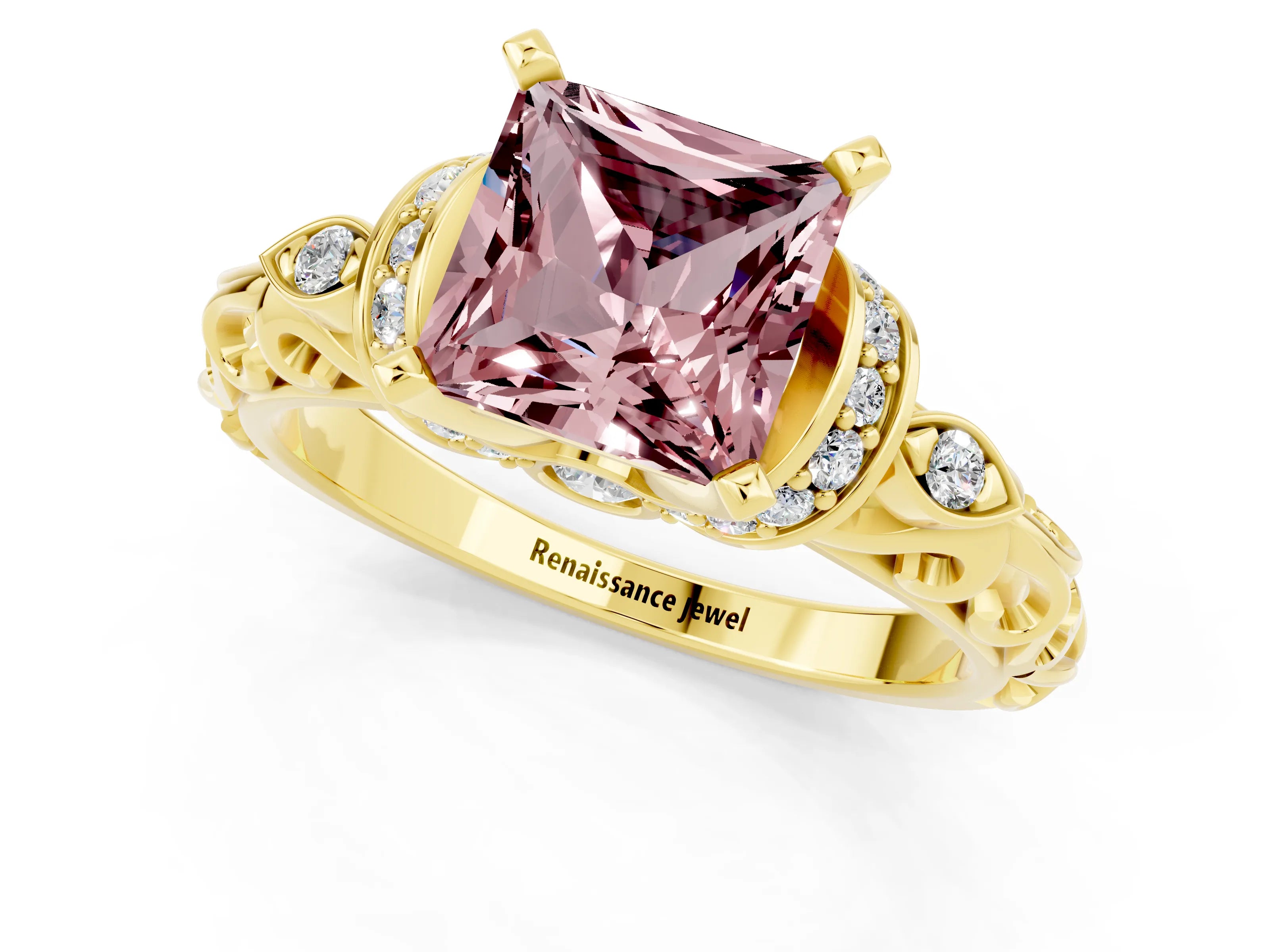 Yellow gold Princess Cut Morganite Solitaire Ring with Filigree Band and Four-Prong Setting_25
