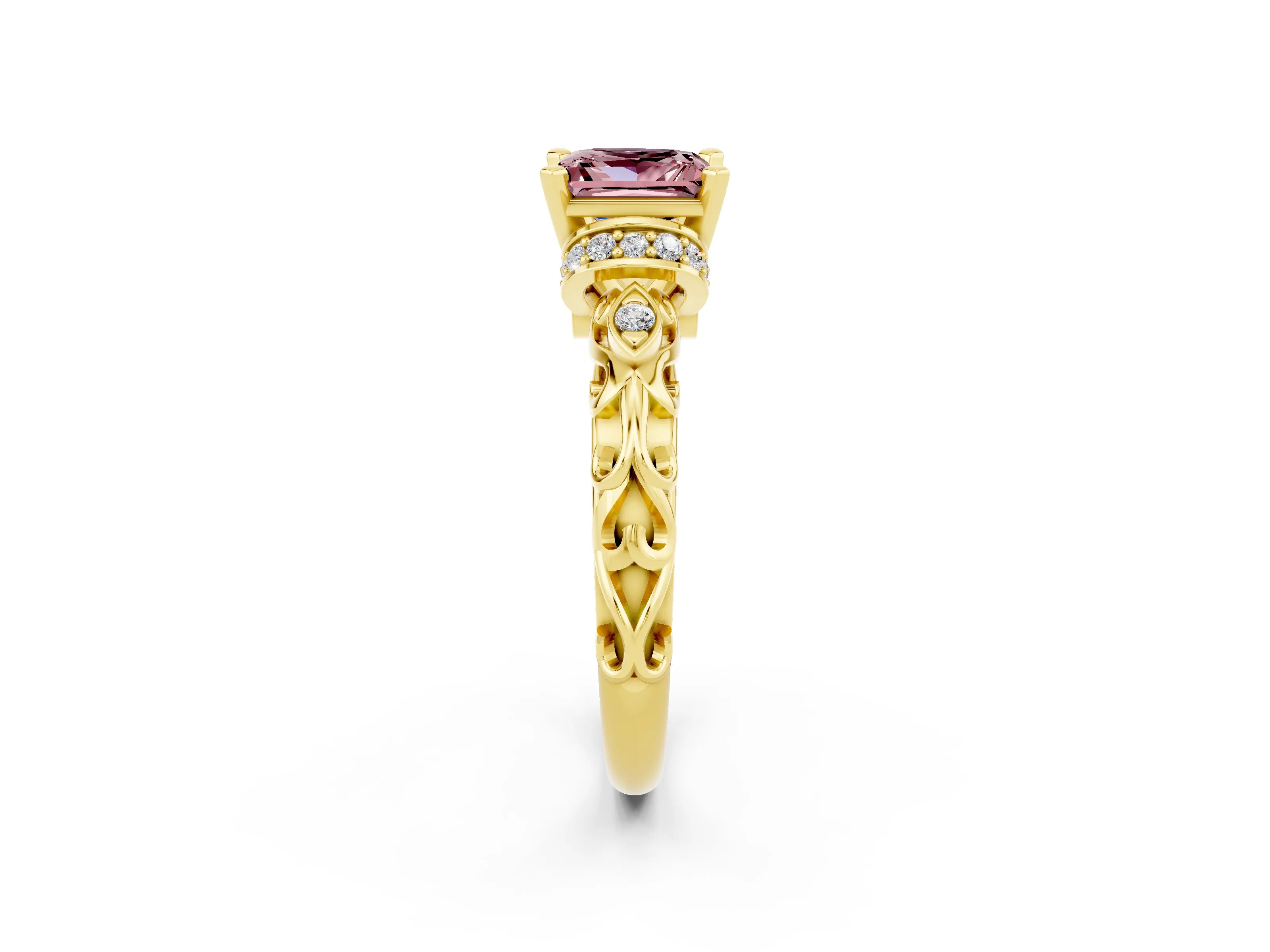 Yellow gold Princess Cut Morganite Solitaire Ring with Filigree Band and Four-Prong Setting_26