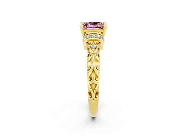 Yellow gold Princess Cut Morganite Solitaire Ring with Filigree Band and Four-Prong Setting