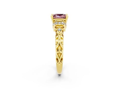 Yellow gold Princess Cut Morganite Solitaire Ring with Filigree Band and Four-Prong Setting_26