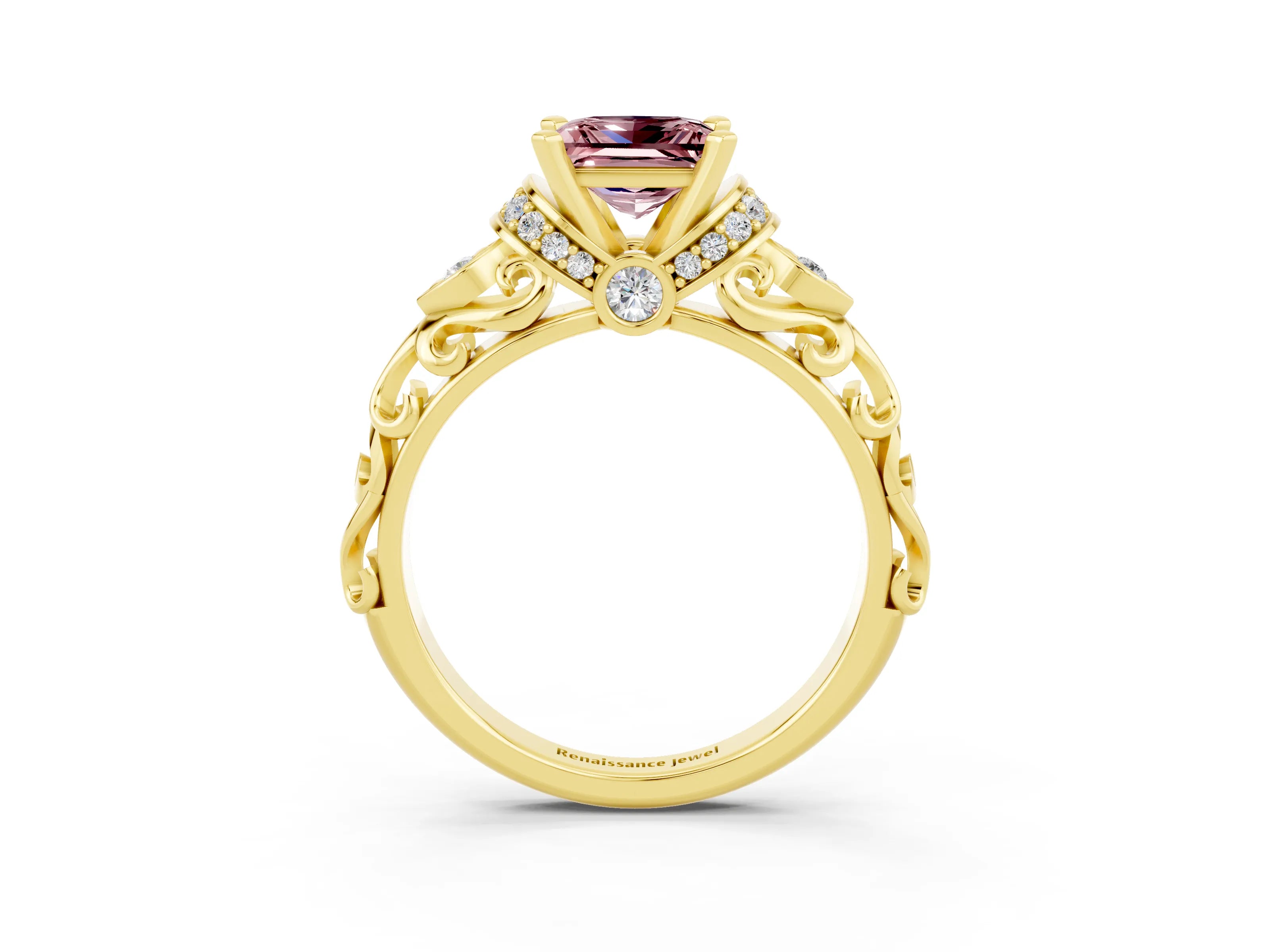 Yellow gold Princess Cut Morganite Solitaire Ring with Filigree Band and Four-Prong Setting_27