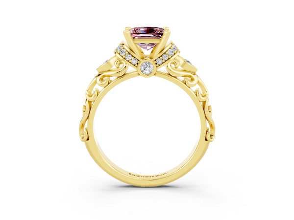 Yellow gold Princess Cut Morganite Solitaire Ring with Filigree Band and Four-Prong Setting