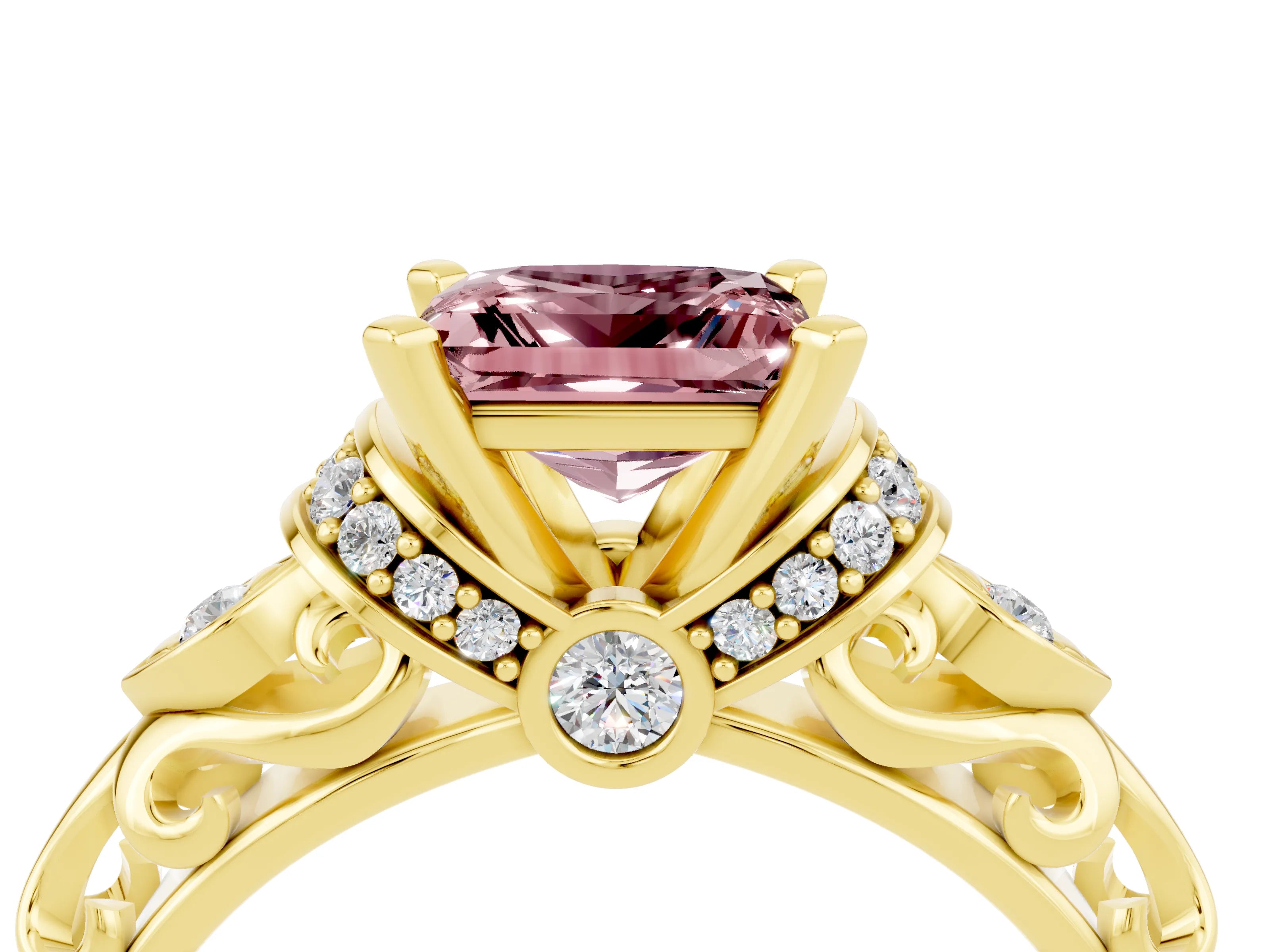 Yellow gold Princess Cut Morganite Solitaire Ring with Filigree Band and Four-Prong Setting_28