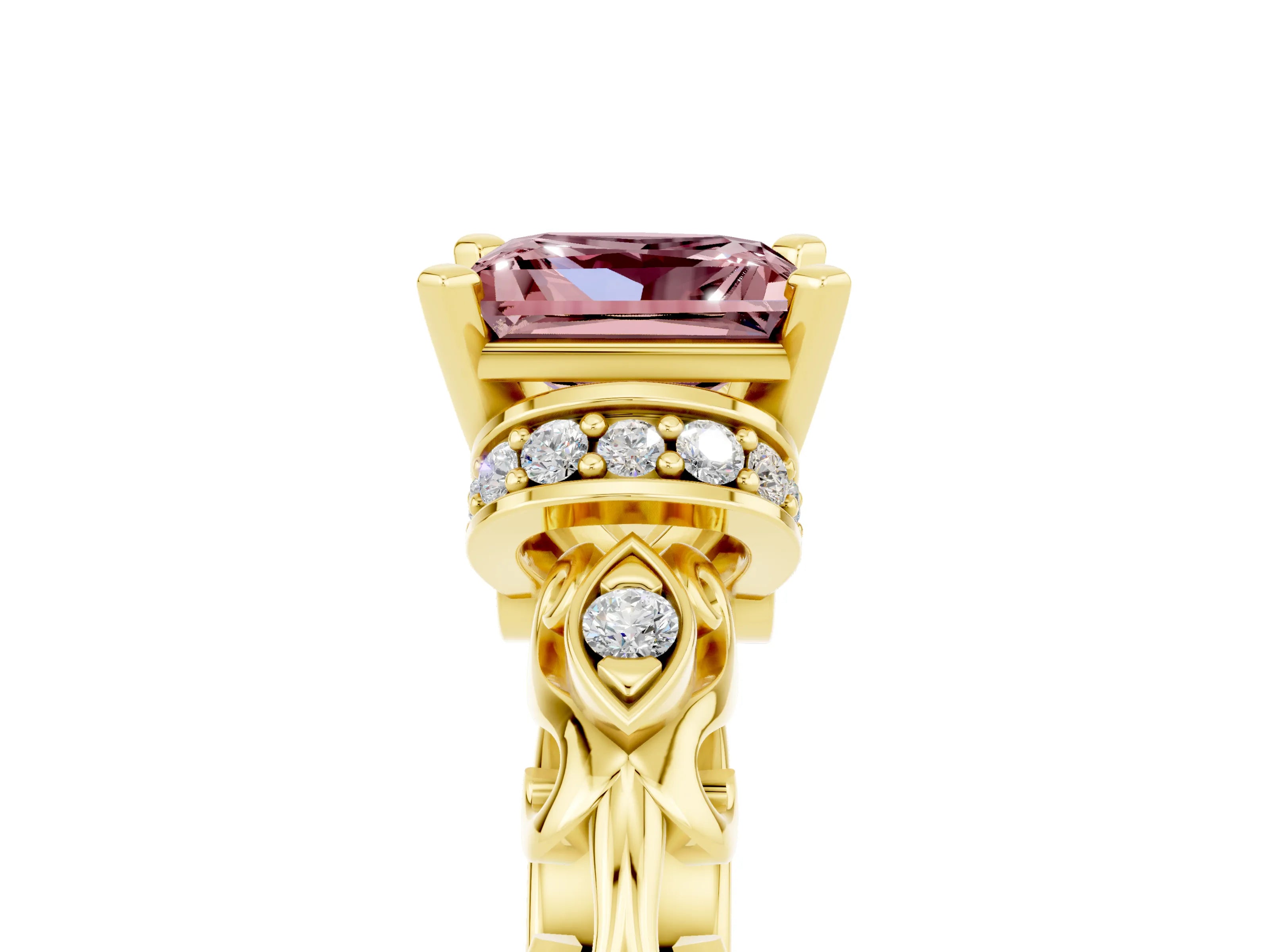Yellow gold Princess Cut Morganite Solitaire Ring with Filigree Band and Four-Prong Setting_29