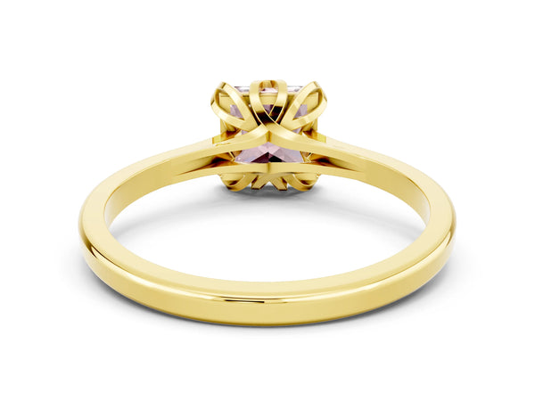 Yellow gold Princess Cut Morganite Solitaire Ring with Flower Prong Setting and Classic Band