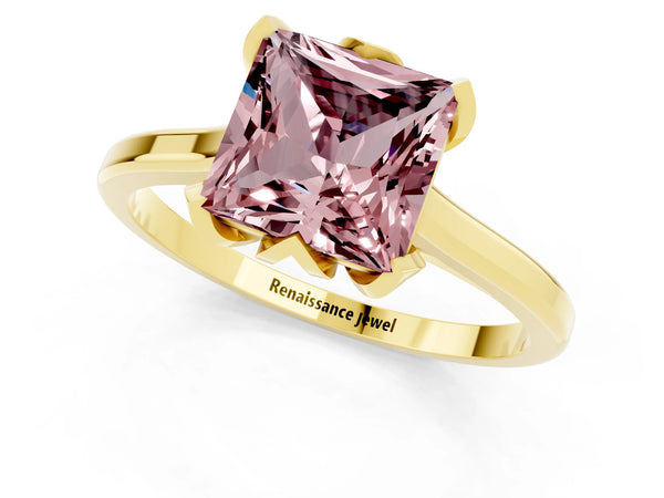 Yellow gold Princess Cut Morganite Solitaire Ring with Flower Prong Setting and Classic Band