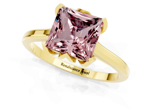 Yellow gold Princess Cut Morganite Solitaire Ring with Flower Prong Setting and Classic Band_37