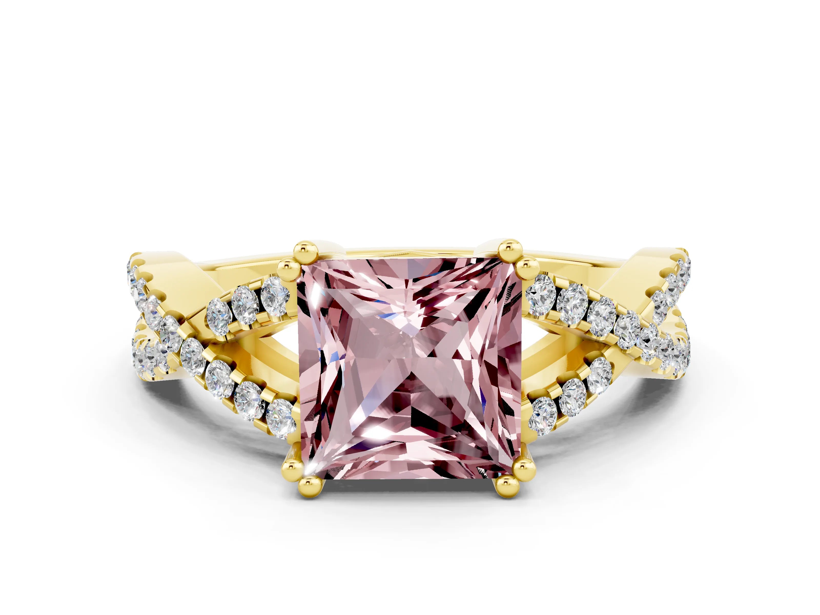 Yellow gold Princess Cut Morganite Solitaire Ring with Four-Prong Setting and Twisted Pavé Band