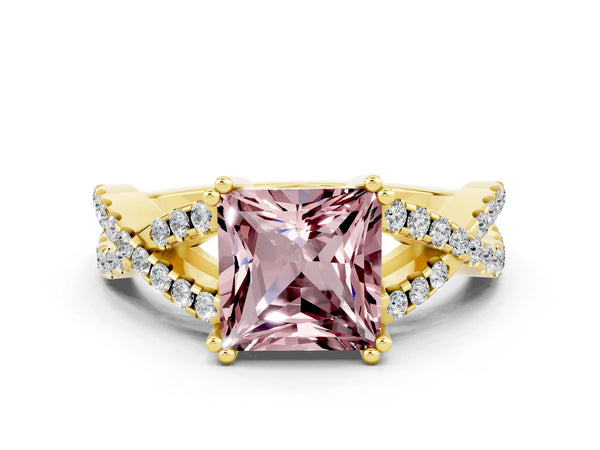 Yellow gold Princess Cut Morganite Solitaire Ring with Four-Prong Setting and Twisted Pavé Band