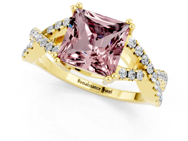 Yellow gold Princess Cut Morganite Solitaire Ring with Four-Prong Setting and Twisted Pavé Band