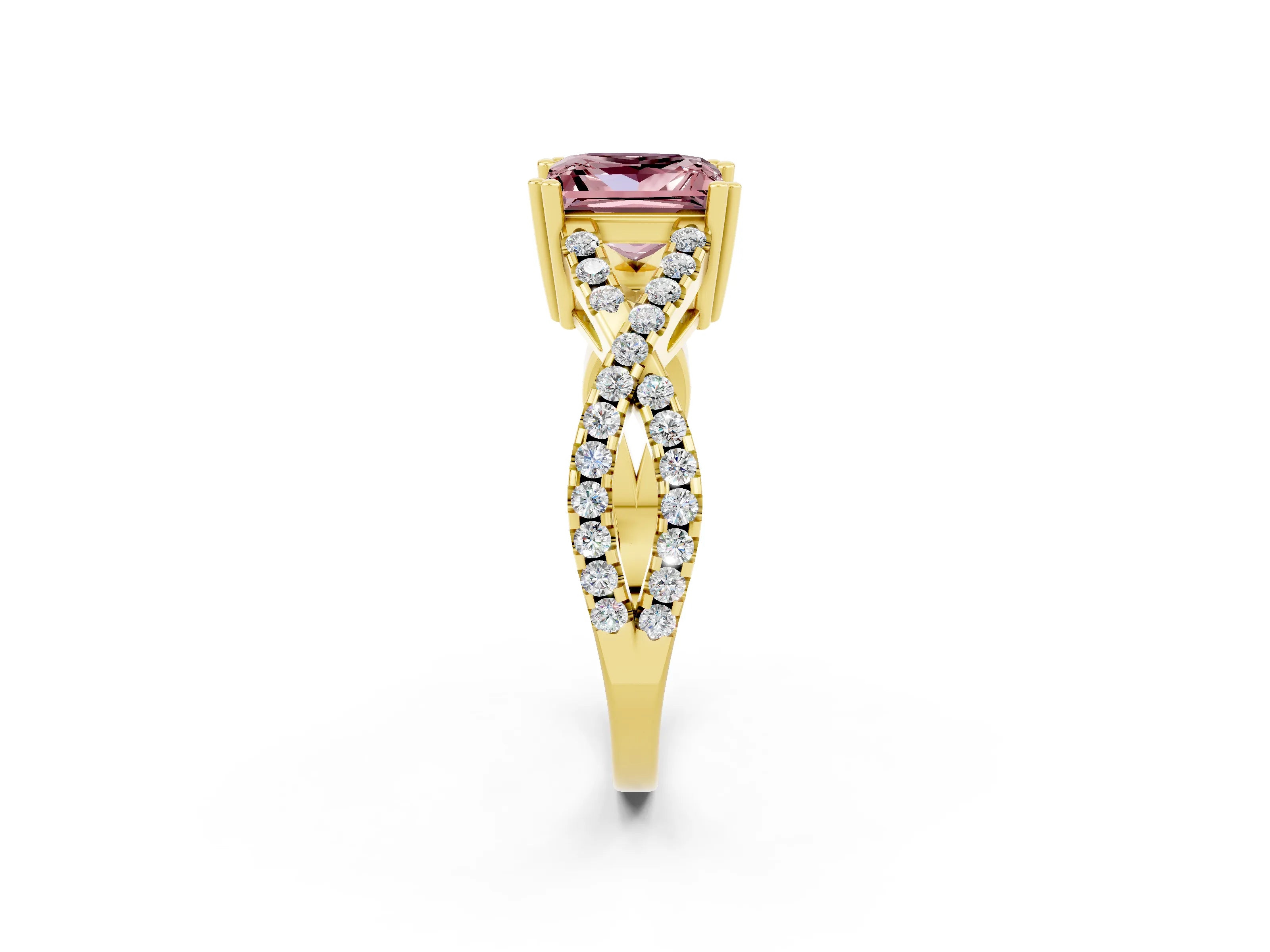 Yellow gold Princess Cut Morganite Solitaire Ring with Four-Prong Setting and Twisted Pavé Band_2
