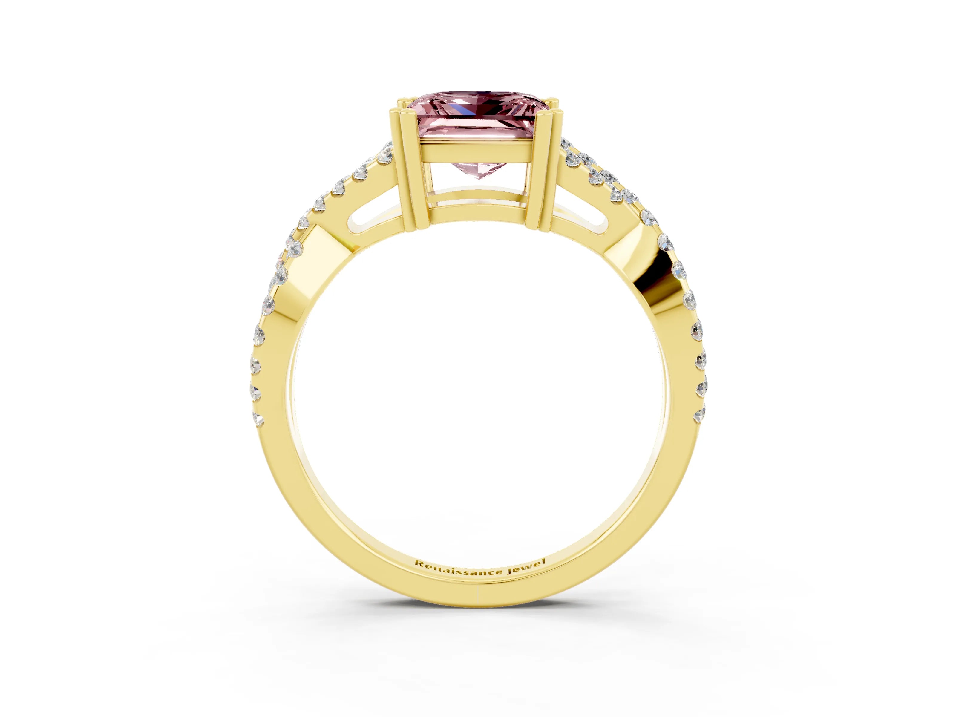 Yellow gold Princess Cut Morganite Solitaire Ring with Four-Prong Setting and Twisted Pavé Band_3